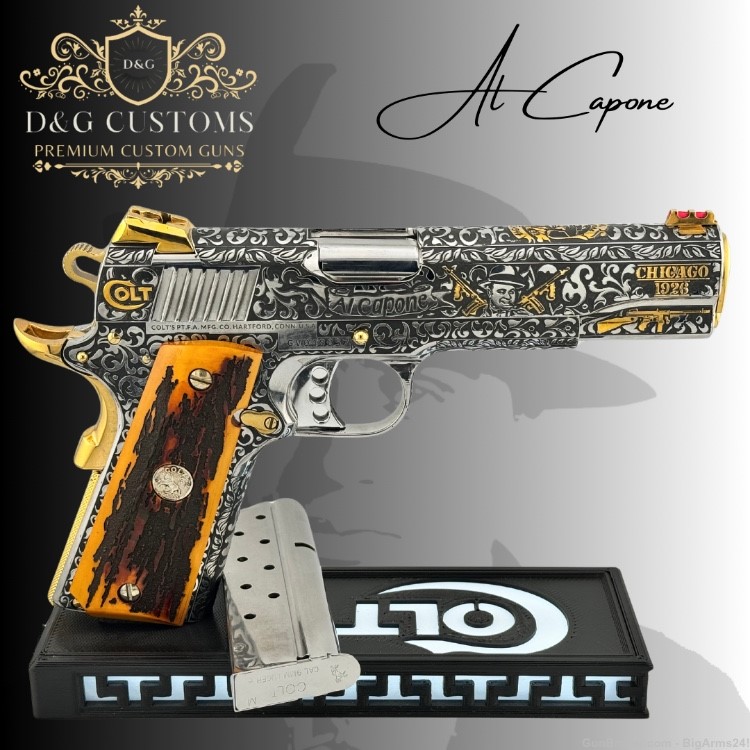 Al Capone Custom Engraved Colt 1911 9mm w/ custom stag grips -img-4