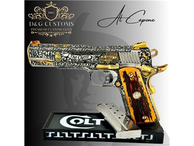 Al Capone Custom Engraved Colt 1911 9mm w/ custom stag grips 