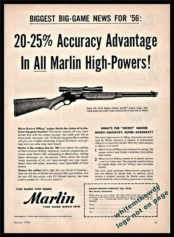 1956 MARLIN 336 30/30 Carbine PRINT AD Advertising-img-0