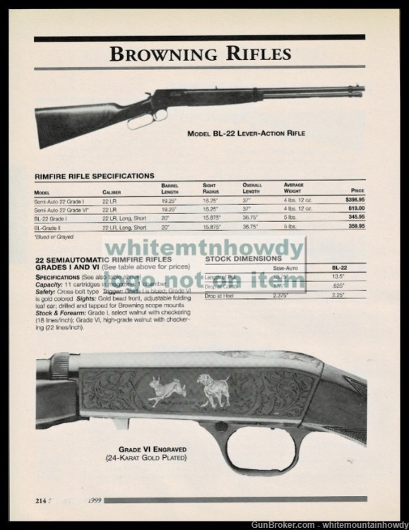 1999 BROWNING BL-22 Lever Rifle PRINT AD w/Grade VI Engraving Close-up-img-0