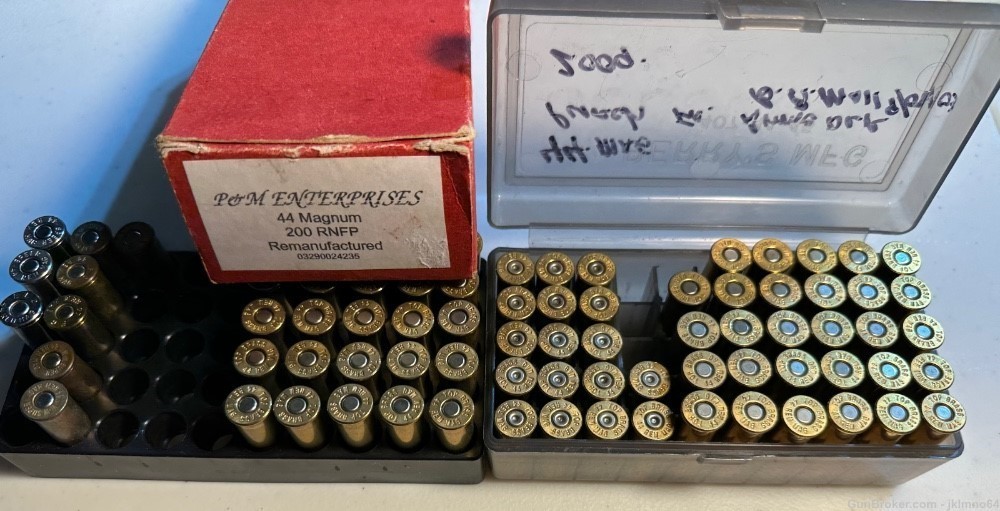 64 rounds of 44 Rem Remington Mag LRN and HP ammo and 17 spent brass cases-img-1
