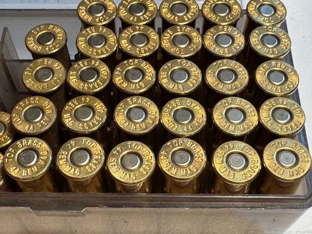 64 rounds of 44 Rem Remington Mag LRN and HP ammo and 17 spent brass cases-img-7