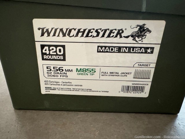Winchester, M855, 556NATO, 62 Grain, Full Metal Jacket (Green Tip),420 Rnds-img-0
