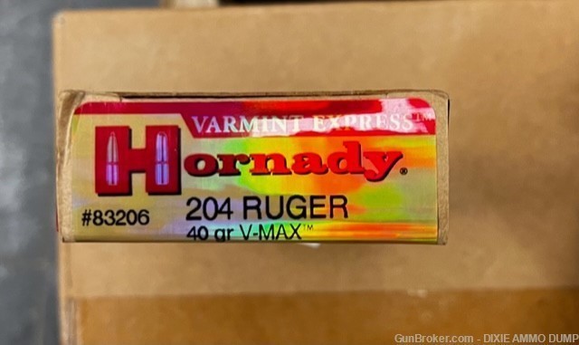 200 rounds  Hornady 204 Ruger 40gr V-Max 83206 case lot. -img-0