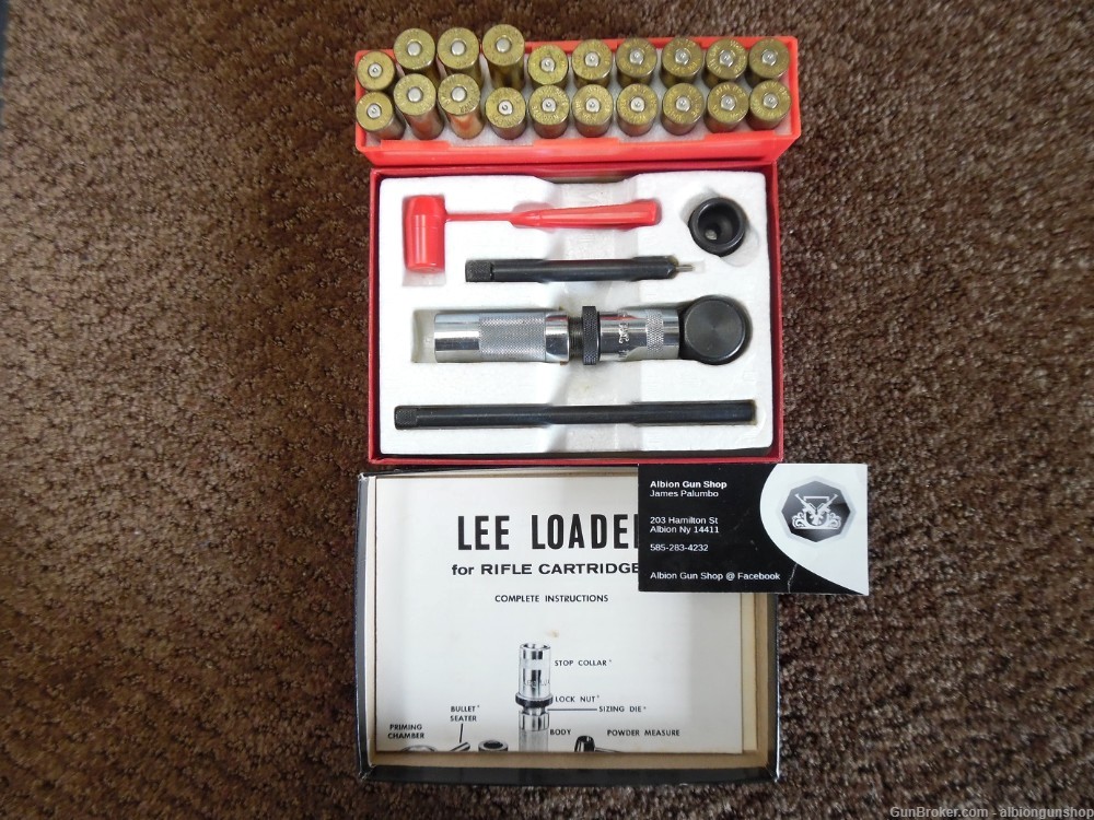lee 348 winchester reloading tool, (15) brass shells, (5) rounds ammo-img-0