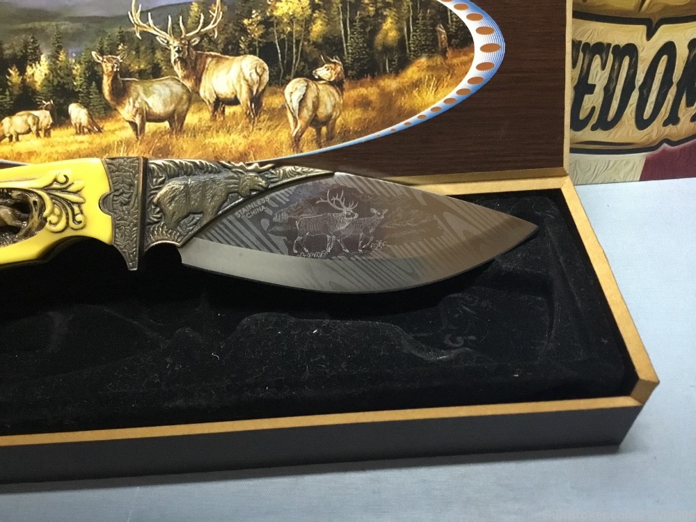 Fixed Blade Elk Art Collector Knife Stainless Steel Wood Case NIB-See Pics.-img-5