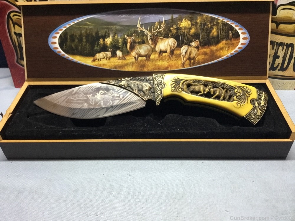 Fixed Blade Elk Art Collector Knife Stainless Steel Wood Case NIB-See Pics.-img-0