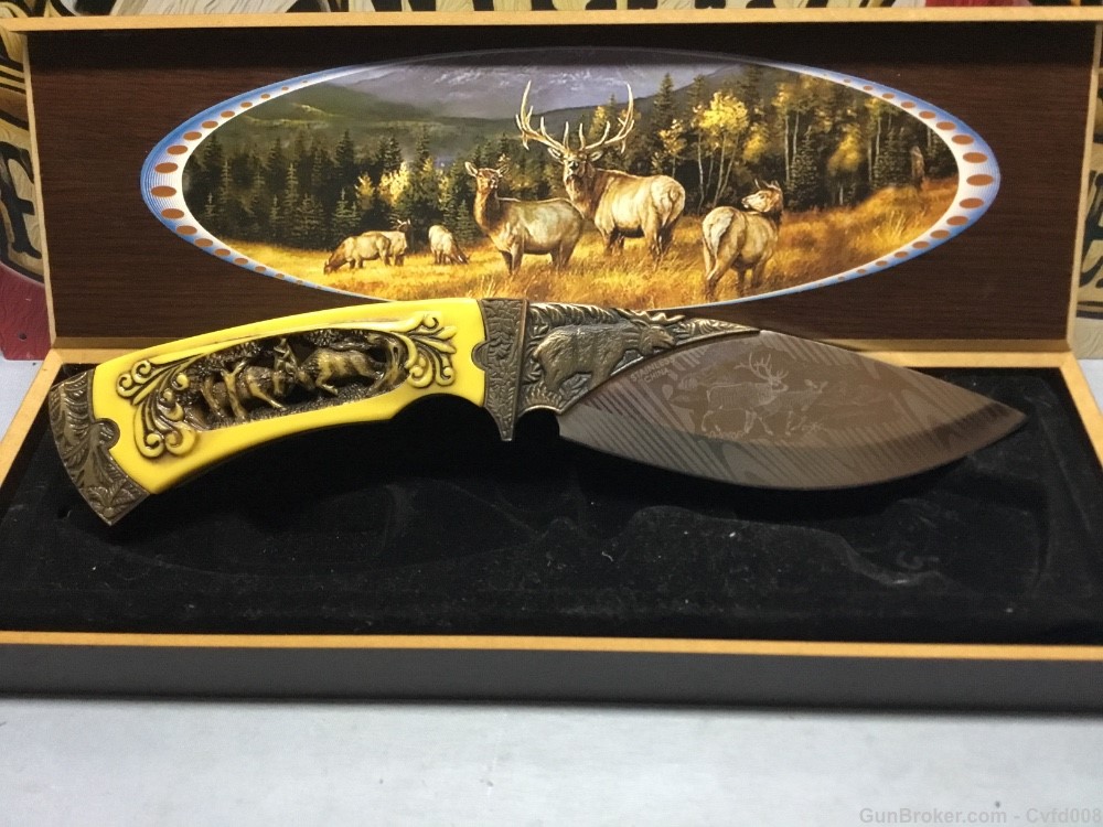 Fixed Blade Elk Art Collector Knife Stainless Steel Wood Case NIB-See Pics.-img-3