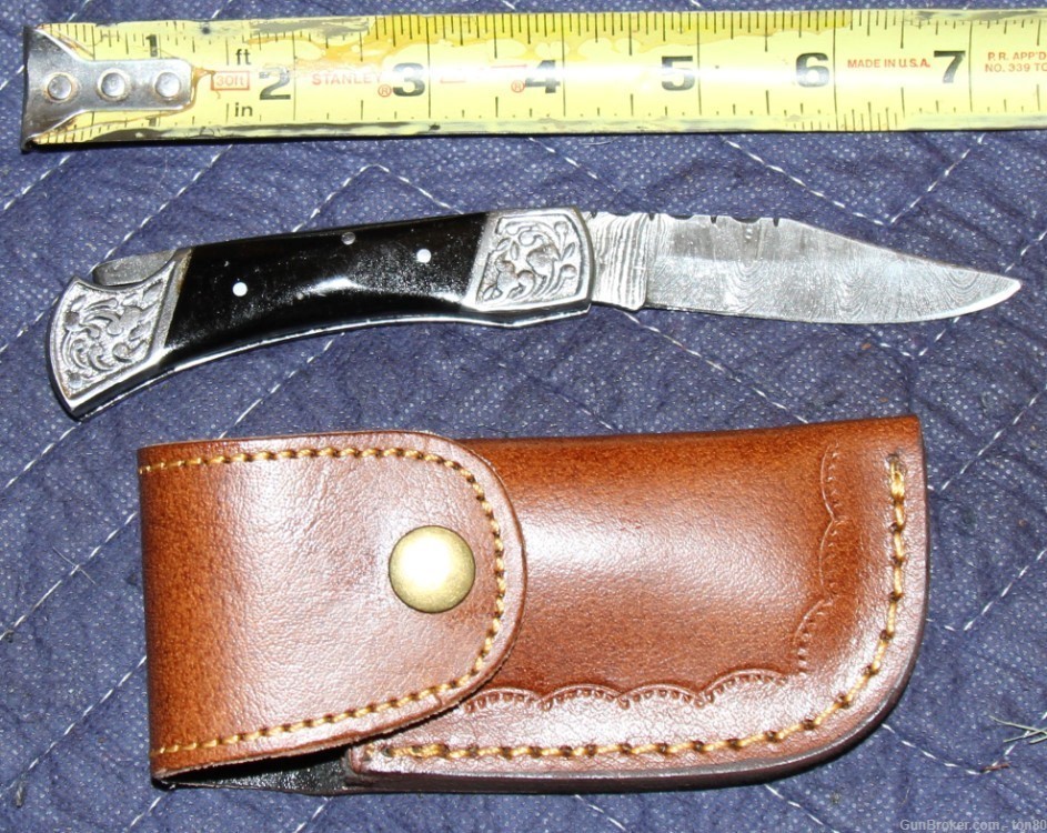 20 ASSORTED DAMASCUS 7.5 INCH POCKET KNIVES WITH LEATHER SHEATH-img-0