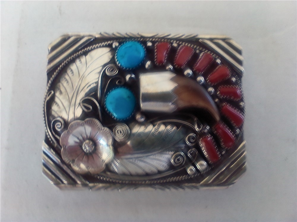 Sterling Man's Inlaid Bear Claw Belt Buckle-Sterling-img-0