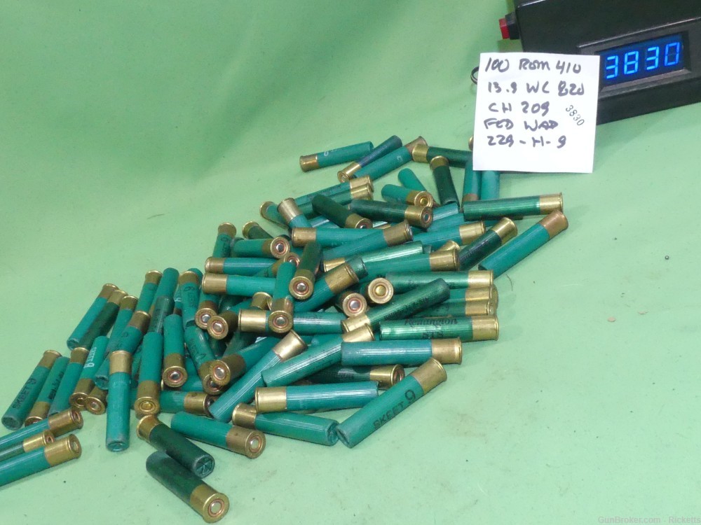 #3830 Lot of 100 rnds of reloaded 410 2-1/2" shotgun ammo 9 shot-img-0