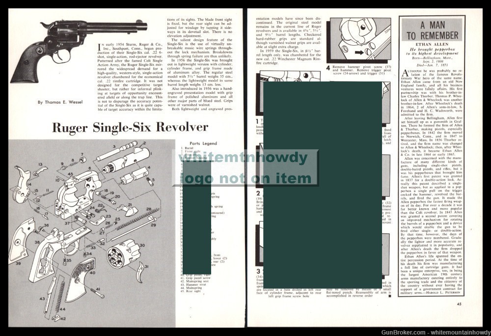 1960  RUGER Single-Six Revolver Exploded View Parts List Assembly Article-img-0