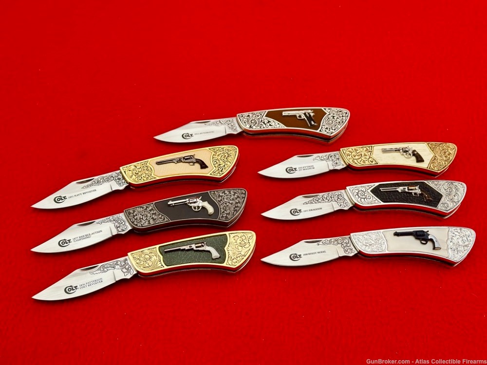 RARE Colt / Franklin Mint 7 Piece Knife Set - FACTORY ENGRAVED - NOS!-img-6