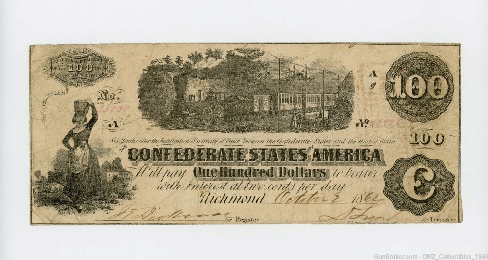Civil War CSA Confederate States of America $100 Bill Note Money Currency-img-0