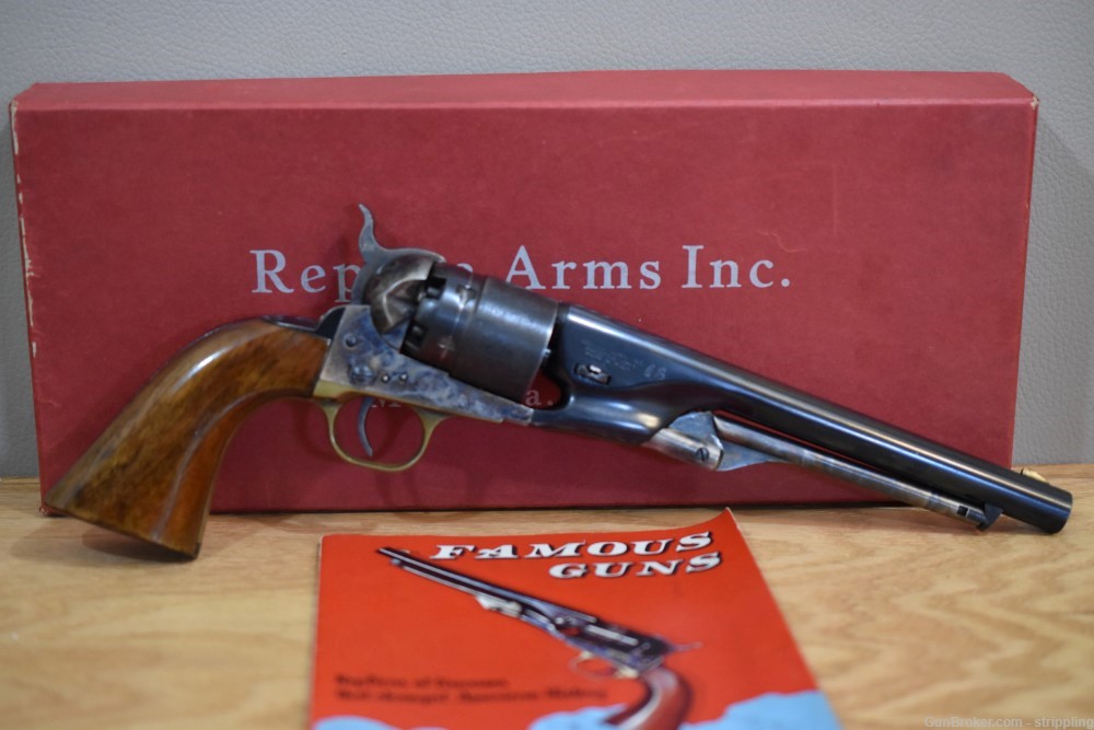 REPLICA ARMS MODEL 1860 ARMY COLT 44 CALIBER REVOLVER & BOX AND PAPER WORK-img-1