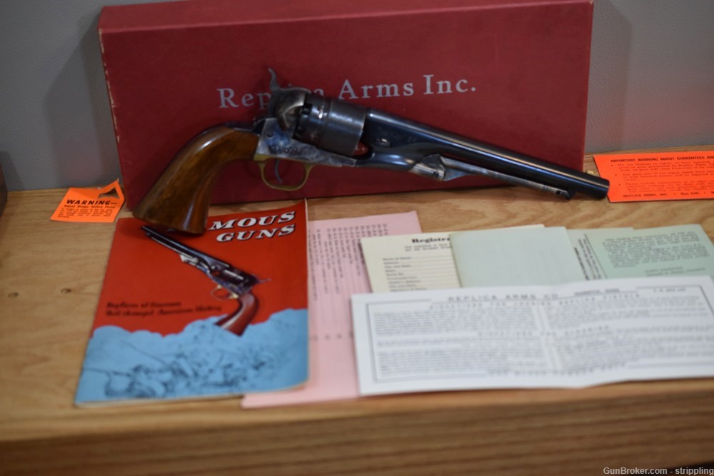 REPLICA ARMS MODEL 1860 ARMY COLT 44 CALIBER REVOLVER & BOX AND PAPER WORK-img-0