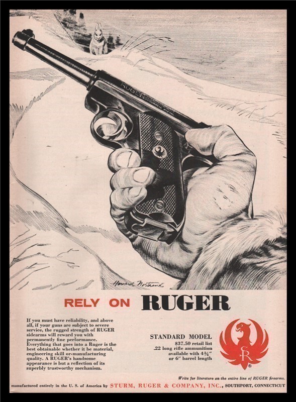 1958 RUGER Standard .22 Pistol PRINT AD Howard Nostrand Art-img-0