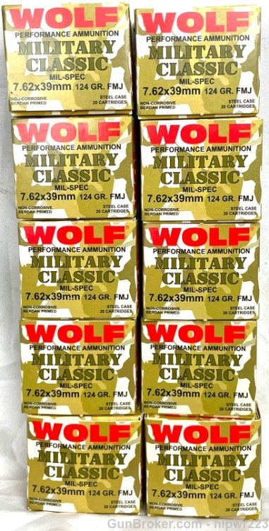 WOLF 7.62x39 ammo 10 boxes 124g FMJ   ABSOLUTE AUCTION -img-0