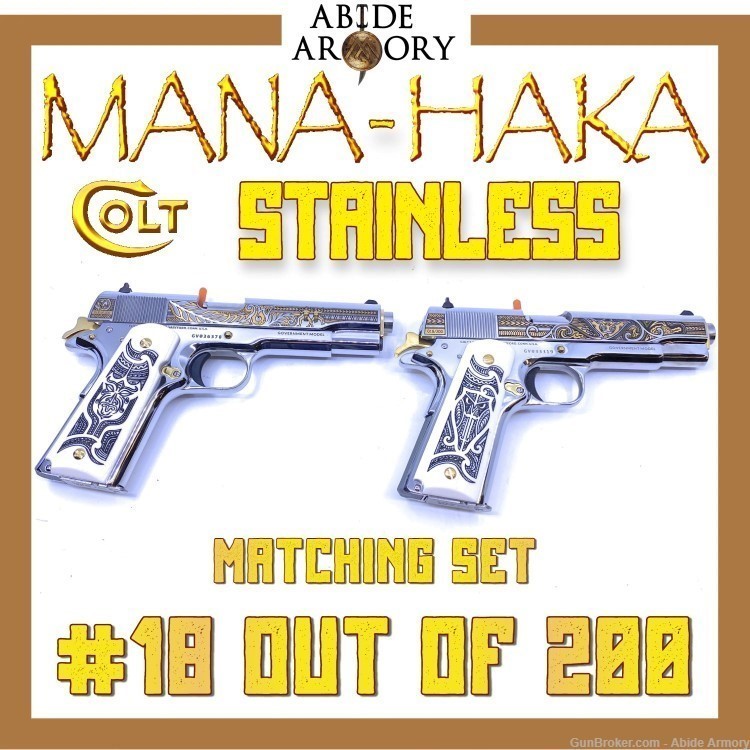 Colt 1911 Mana Haka Stainless Matching Set #18 38 Super 1 Of 200 Penny NR-img-0