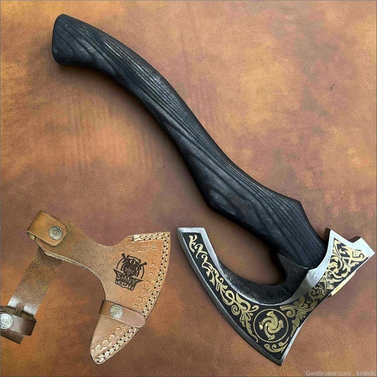 Viking Axe with Carbon Steel Head and Golden Etching Design, Ash Wood Handl-img-1