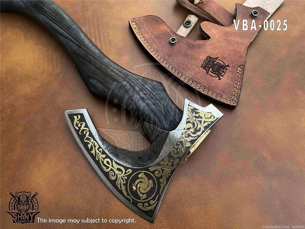 Viking Axe with Carbon Steel Head and Golden Etching Design, Ash Wood Handl-img-2