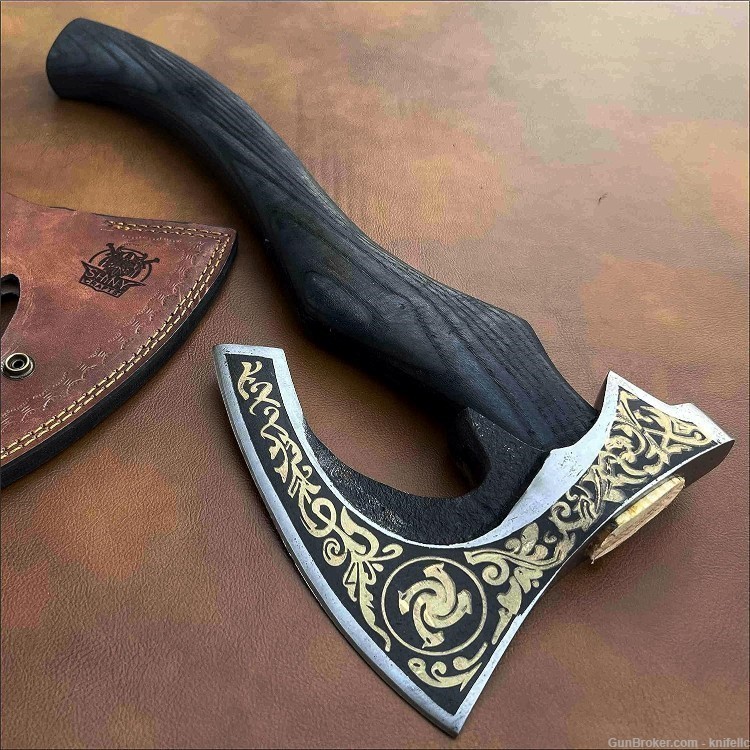 Viking Axe with Carbon Steel Head and Golden Etching Design, Ash Wood Handl-img-0