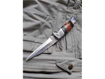 Hand Forged Damascus Steel Red Bone Grip Folder with Leather Carry Case.