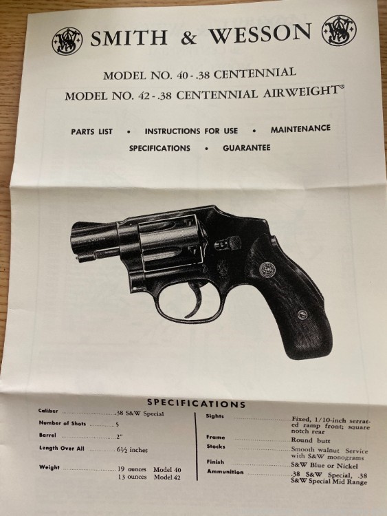 SMITH & WESSON MODEL NO. 40 NO. 42 38 CENTER AIRWEIGHT (681)-img-0