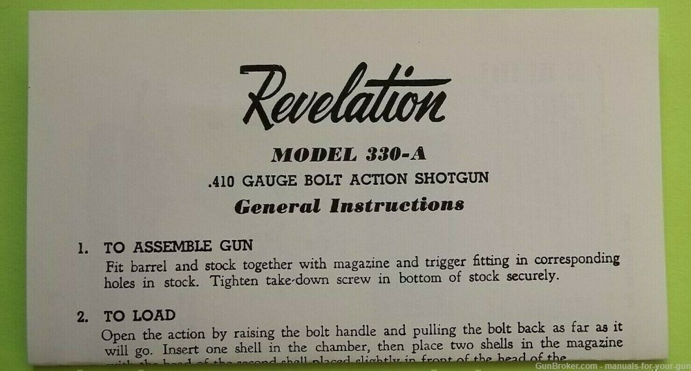 REVELATION MODEL 330-A, .410 GAUGE BOLT ACTION SHOTGUN MANUAL (660)-img-0