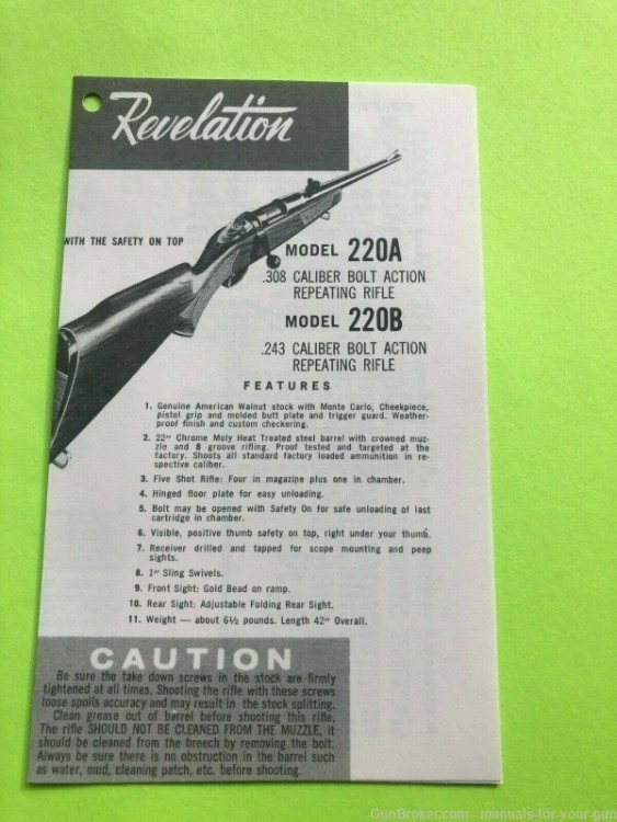 MANUAL REVELATION MODEL 220A .308 CAL & 220B .243 CAL BOLT ACTION RIFL(659)-img-0