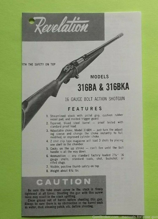 REVELATION MODEL 316BA& 316BKA 16 GAUGE BOLT ACTION SHOTGUN MANUAL (657)-img-0