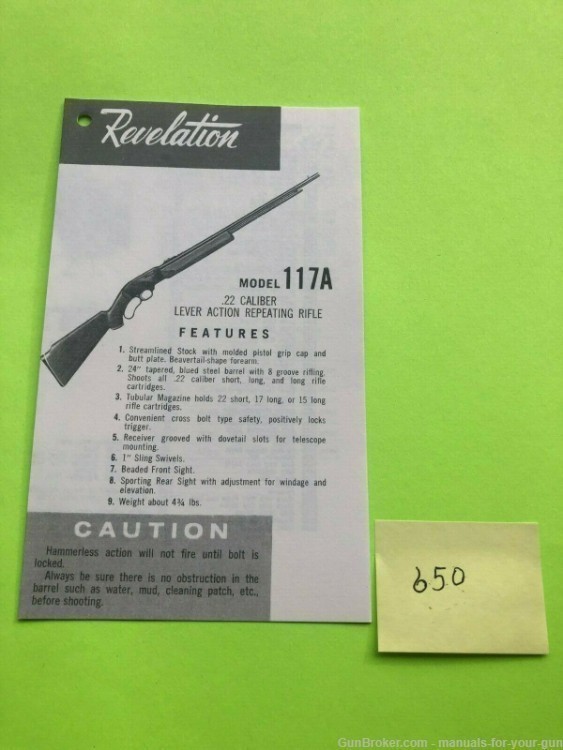 MANUAL REVELATION MODEL 117A .22 CALIBER LEVER ACTION REPEATING RIFLE (650)-img-2