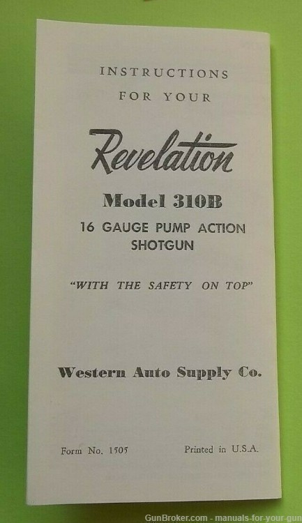 REVELATION MODEL 310B, 16G PUMP ACTION SHOTGUN INSTRUCTION MANUAL (646)-img-0