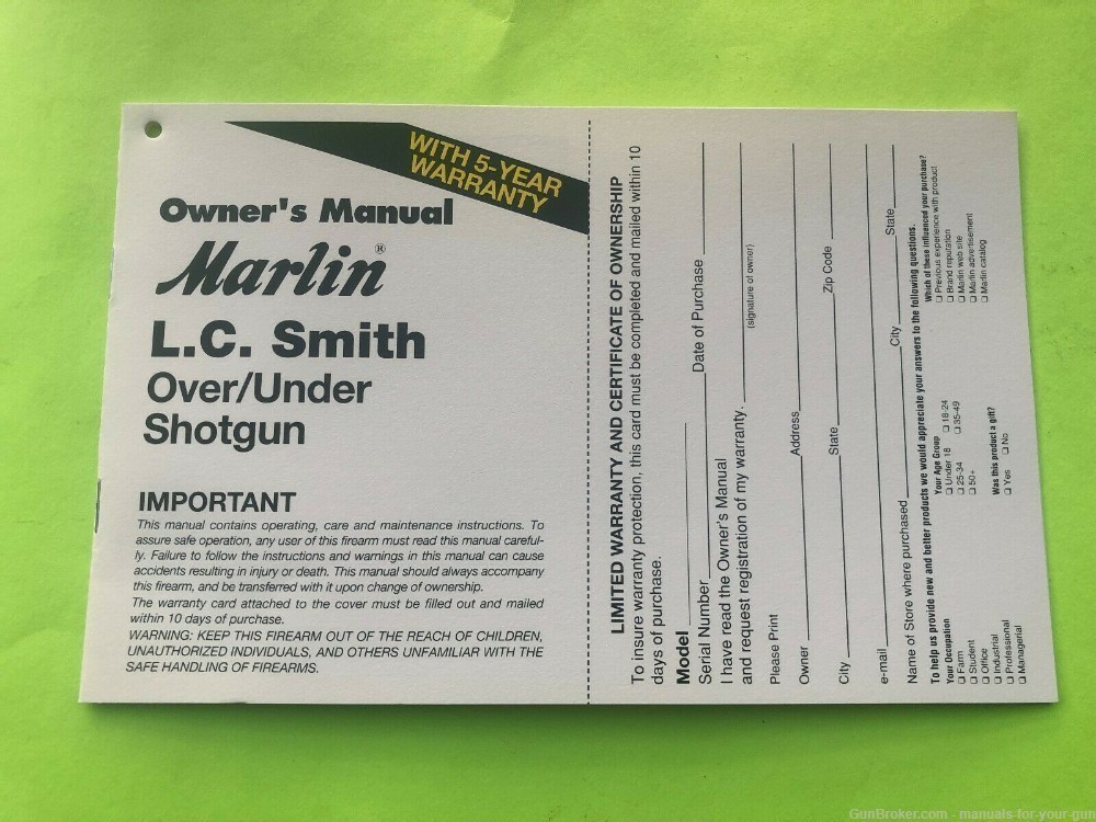 MARLIN MODEL L. C. SMITH OVER/UNDER SHOTGUN OWNER'S MANUAL (615)-img-0