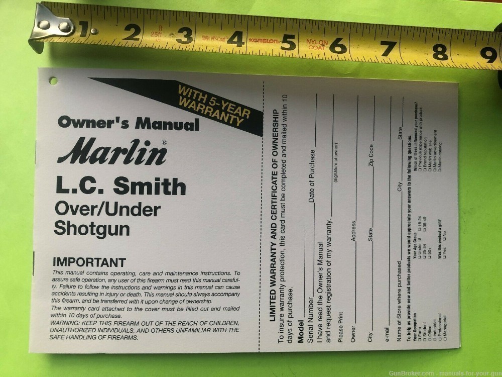 MARLIN MODEL L. C. SMITH OVER/UNDER SHOTGUN OWNER'S MANUAL (615)-img-1