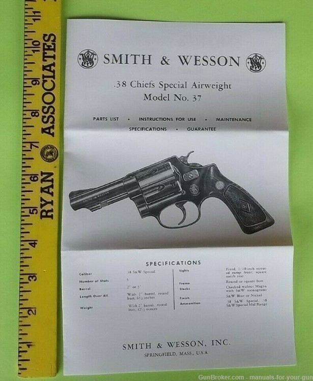 SMITH & WESSON .38 CHIEFS SPECIAL AIRWEIGHT MODEL NO. 37 MANUAL (601)-img-3