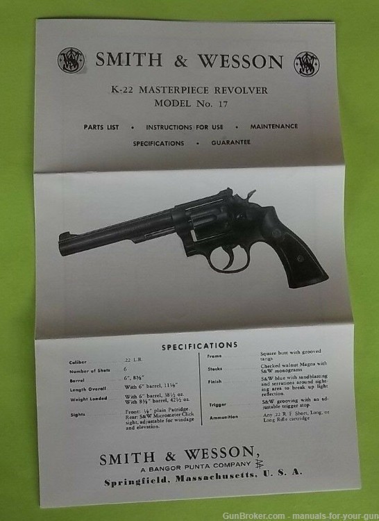 SMITH & WESSON K-22 MASTERPIECE REVOLVER MODEL NO. 17 OWNER'S MANUAL (587)-img-0