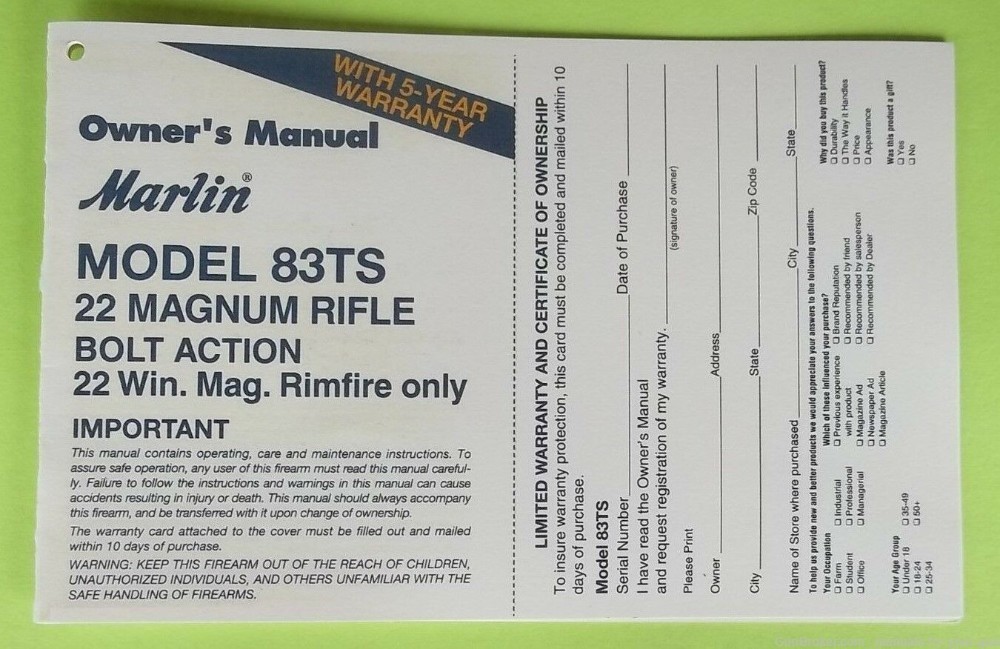 MARLIN MODEL 83TS 22 MAG BOLT ACTION RIFLE WIN. RIMFIRE ONLY OWNER (570)-img-0