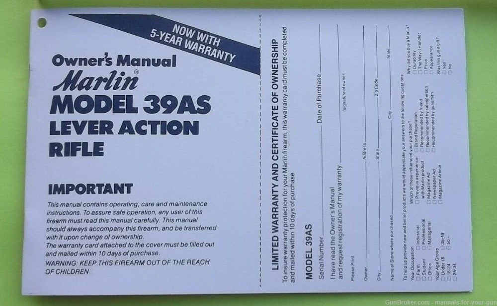 Marlin Model 39AS Lever Action Rifle Owners Manual (560)-img-0
