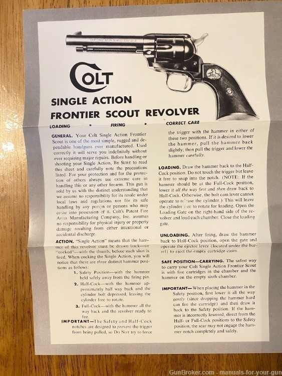 COLT SINGLE ACTION FRONTIER SCOUT REVOLVER OWNER MANUAL (551)-img-0