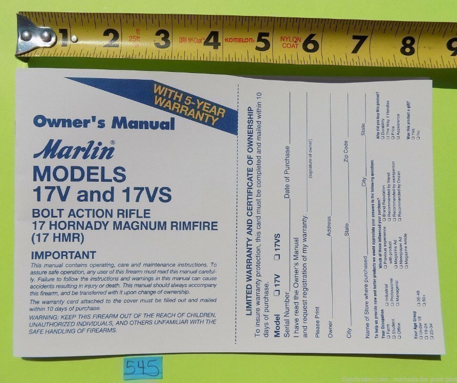 MARLIN 17V & 17VS BOLT ACTION RIFLE MANUAL (545)-img-3