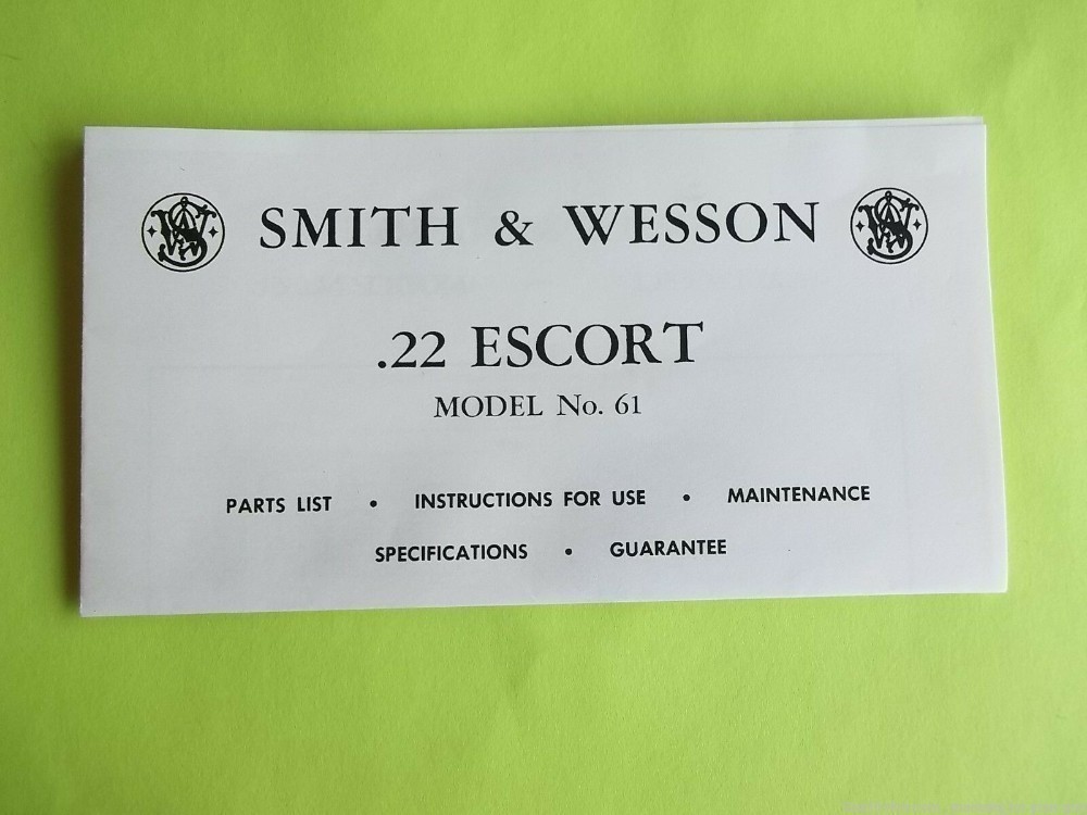 SMITH AND WESSON .22 S & W ESCORT MODEL No. 61 PISTOL MANUAL (531)-img-0