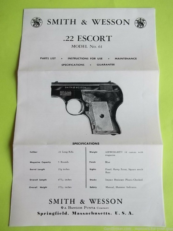 SMITH AND WESSON .22 S & W ESCORT MODEL No. 61 PISTOL MANUAL (531)-img-1
