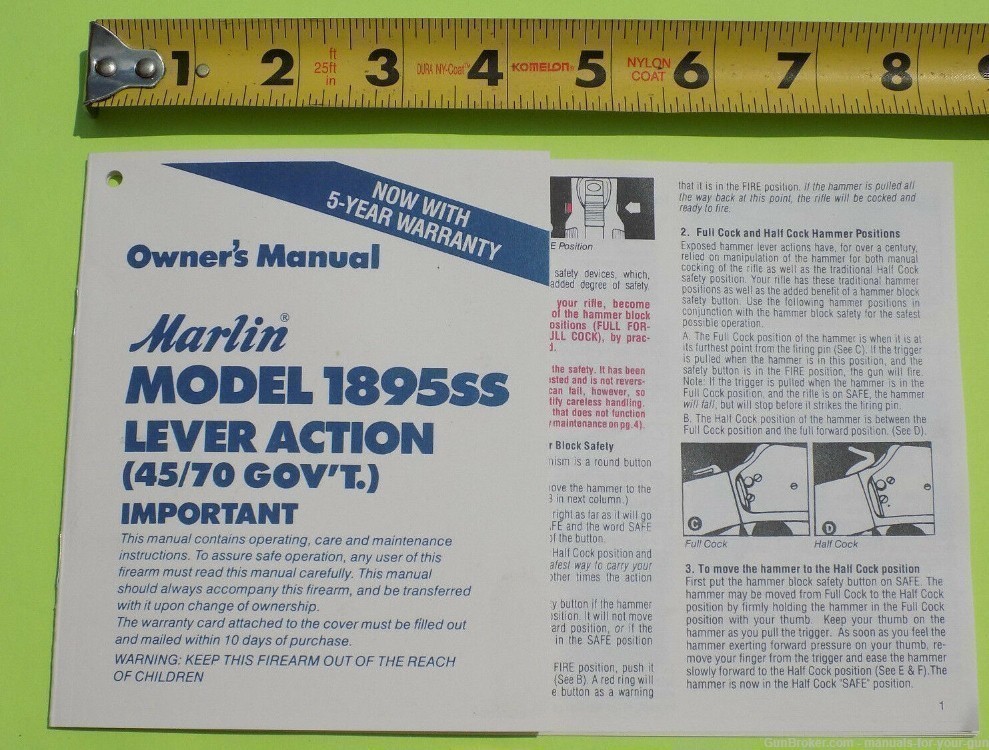MARLIN MODEL 1895SS LEVER ACTION (45/70 GOV'T) OWNER'S MANUAL (526)-img-1