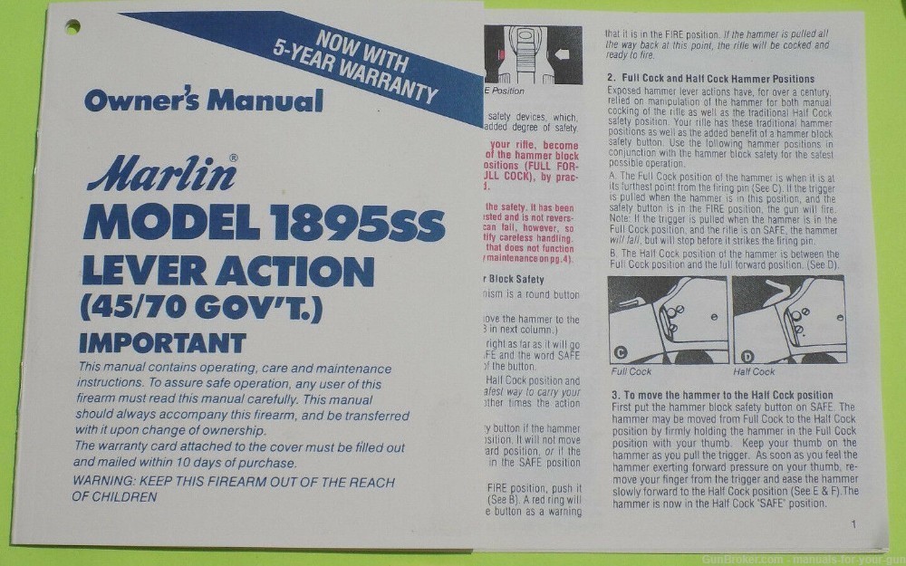 MARLIN MODEL 1895SS LEVER ACTION (45/70 GOV'T) OWNER'S MANUAL (526)-img-0