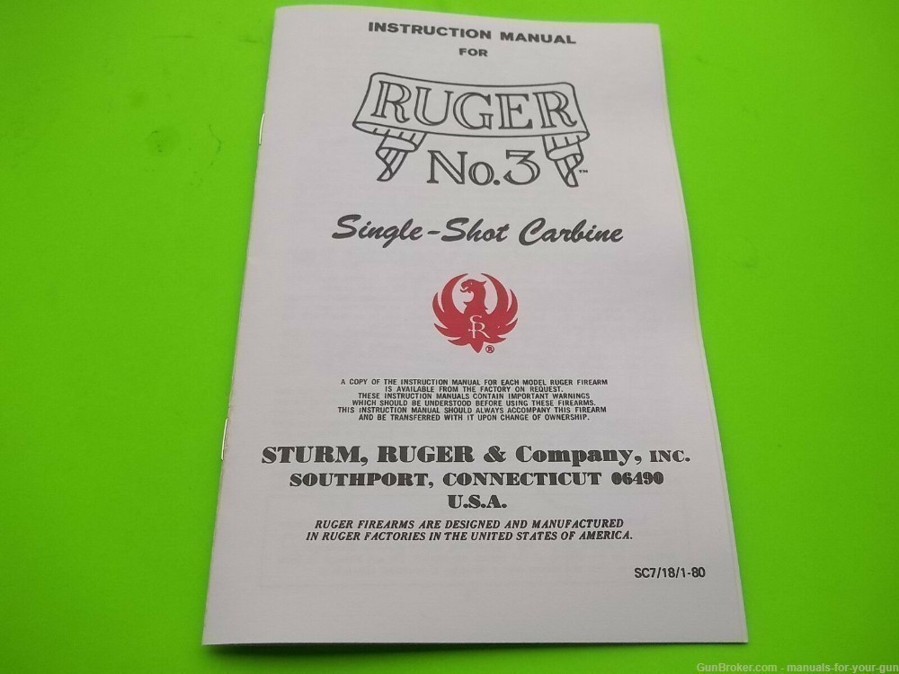 1980 RUGER NO. 3 SINGLE SHOT CARBINE INSTRUCTION OWNERS MANUAL (429)-img-0