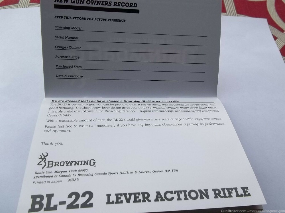 BROWNING OWNERS MANUAL FOR A BL-22 LEVER ACTION RIFLE (405)-img-2