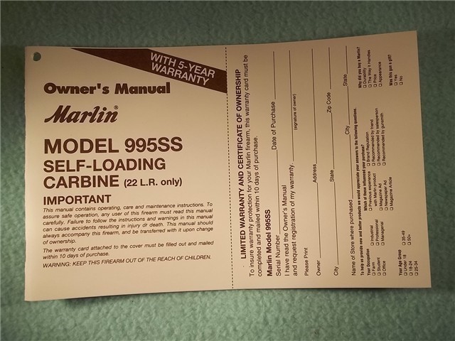 Marlin 22LR cal Model 995SS OWNER MANUAL date 5/99 (401)-img-0