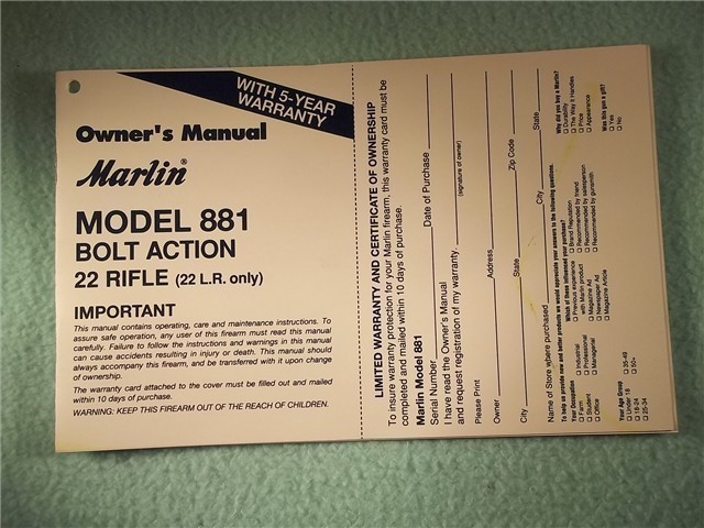 OWNERS MANUAL for MARLIN 22LR MODEL 881  RIFLE (398)-img-0
