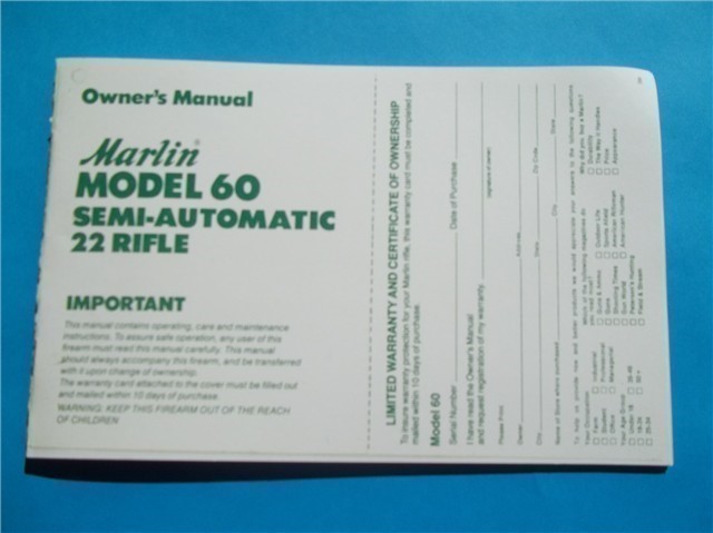 MARLIN 60 RIFLE OWNERS MANUAL Dated 9/86 (371)-img-0
